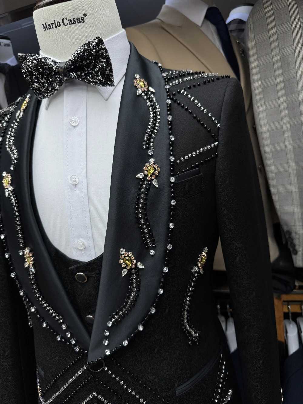 Richly Heavy Beaded Black Men Suit Exclusive Delicate 3-piece Party Crystals Groom Wear Hot Sale Interview Formal Occasions X250704