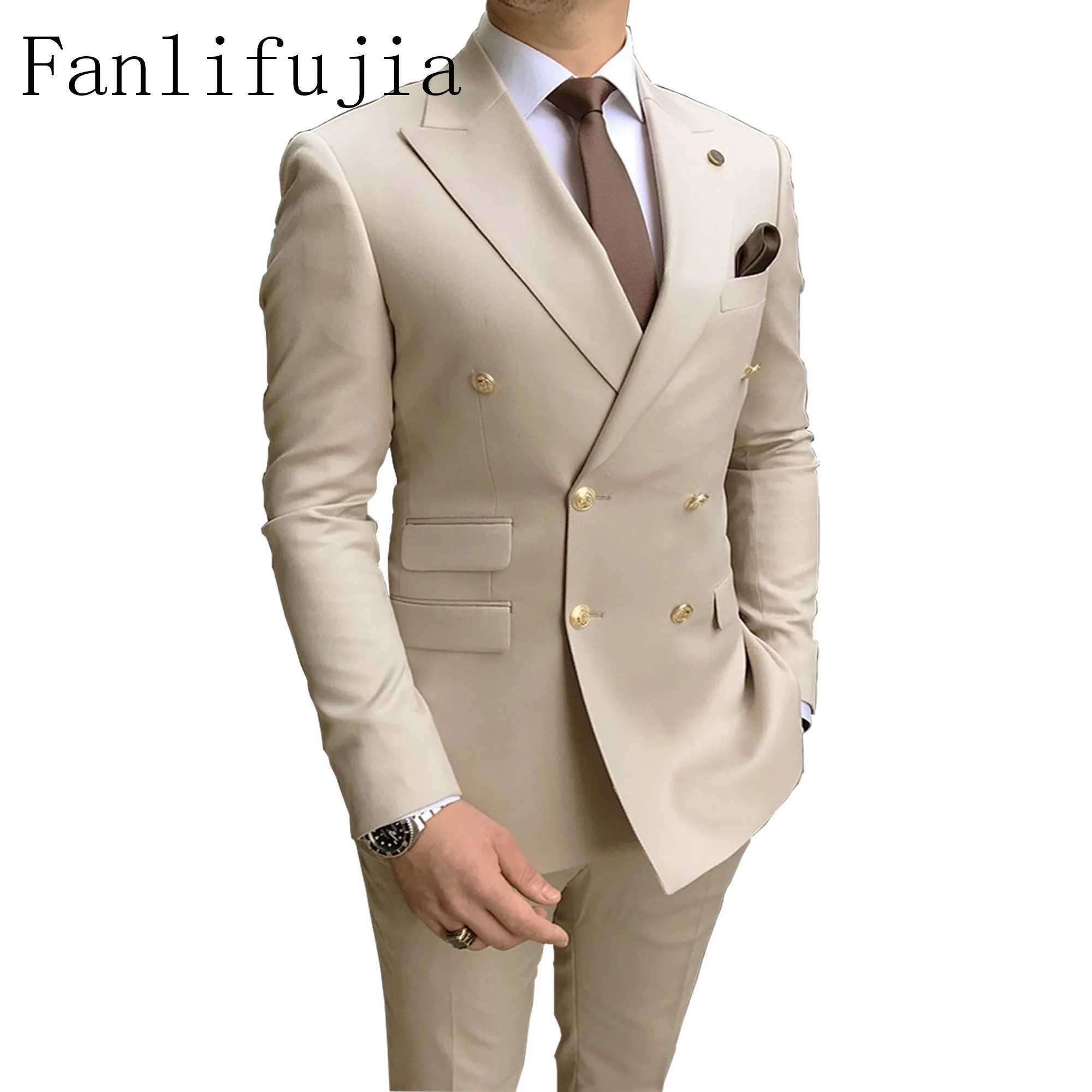 Fanlifujia Store Navy Men Party Tuxedos 2 Pieces Latest Peak Lapel Men Suits Gold Buttons Fashion Style Suits Double Breasted X250704
