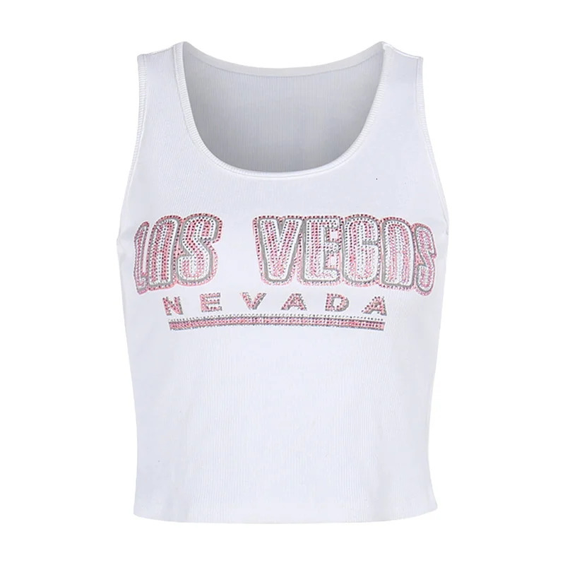 Xingqing y2k Rhinestone Tank Top Summer Women Fairycore Letter Print Sleeveless T Shirt Vest 2000s Clothing Casual Streetwear 250704