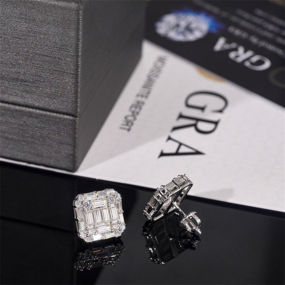 Hip Hop Style Baguette Moissanite Square Shape 925 Silver Mens VVS Diamond Stud Earrings