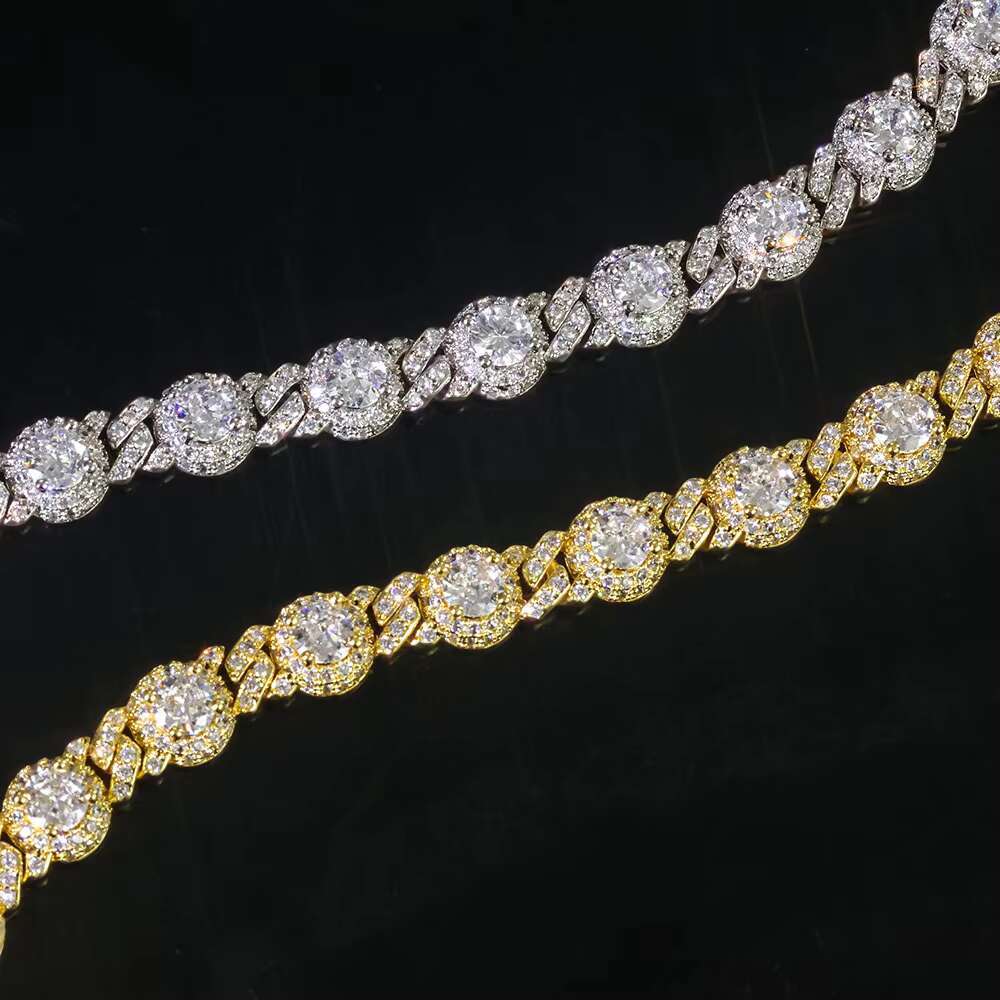 NUOYA 7.5mm Iced Out Diamond Station Chain Necklace Hip Hop Jewelry Silver Gold Plated Unisex Gift for Men Women Party