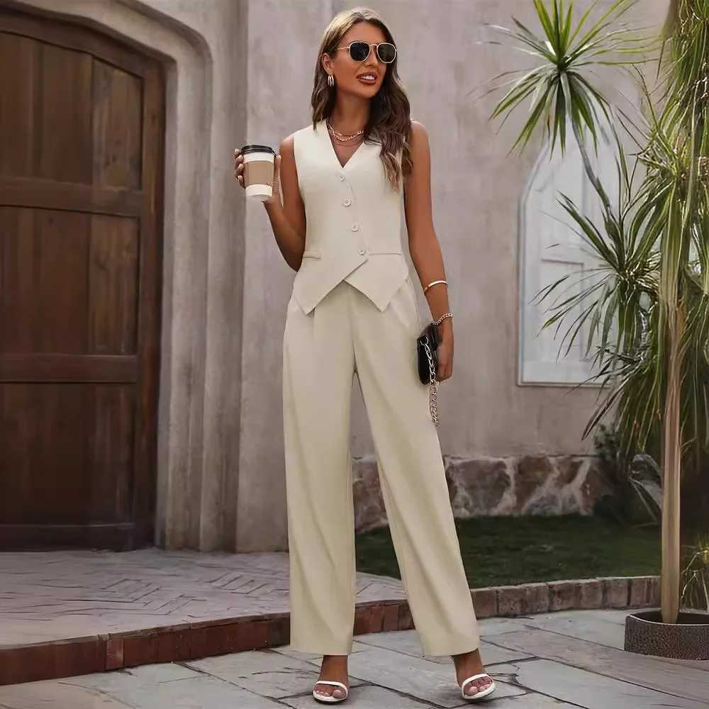 Two Piece Sets Women Pant Set V Neck Slveless Matching Sets Vests Tops Long Pants Blazer Straight Trousers Casual Strtwear X250704