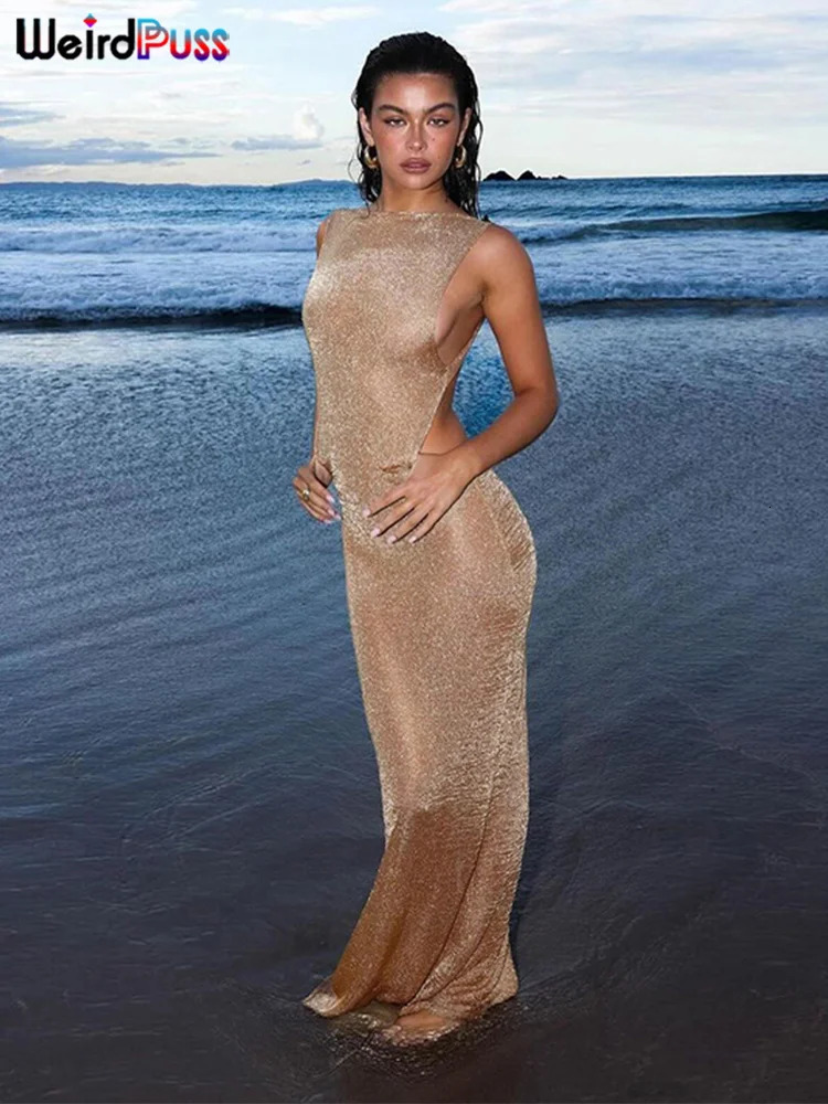 Summer Thin Sleeveless Glitter Split Coquette Backless Clubwear Beach Sexy Dress for Women 250704