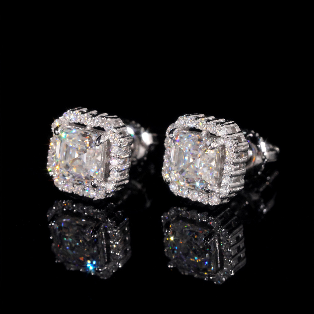 New Stocks Men Women D Color VVS Asscher Cut Moissanite Stud Earrings Fashion Jewelry 925 Silver Hip Hop Earrings