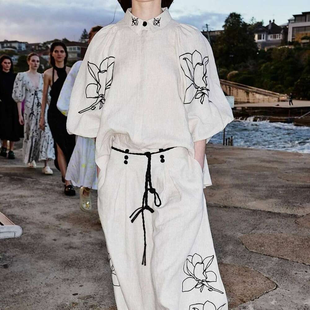 Fashion cotton linen printed wide leg pants set for Europe America spring summer 2025, with versatile temperament and trendy clothing in ins