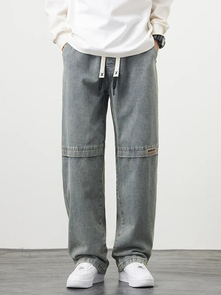 Retro Blue Mens Jeans Large Size String Banding Wide Leg Denim Pants Cotton Casual Straight Trousers 6XL 7XL 8XL 250704