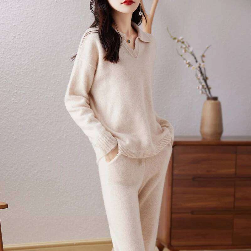 100% Pure Wool Knitted Suit Women's 24 Autumn Winter New Fashion POLO Collar Pullover Sweater Commuting Calf Pants Two-Piece Set 250704