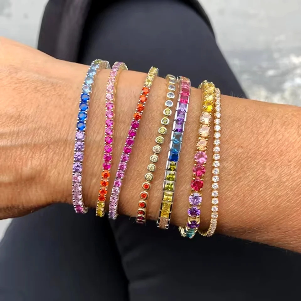 2025 Arrived Tennis Round Cubic Zirconia Bracelet For Women Girl Jewelry Gold Color Rainbow Cz Gorgeous Trendy Bangle 250628