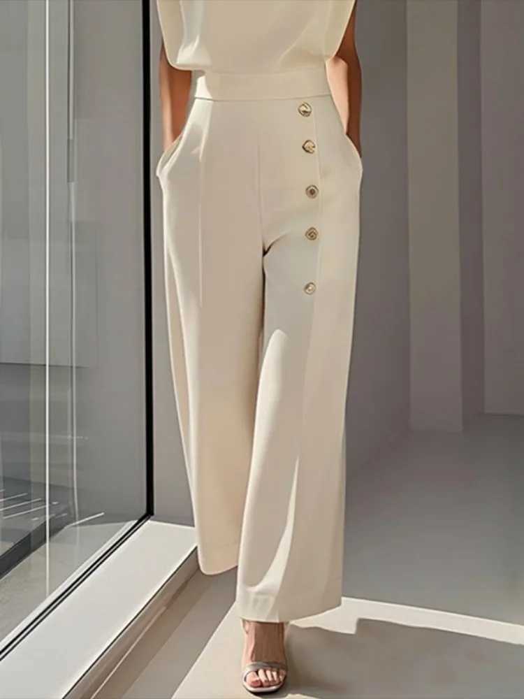 Fracy Women Elegant Jumpsuit Solid White Round Neck Cap Slves High Waist Wide Leg One-piece Suit Side Buttoned Coveralls X250704