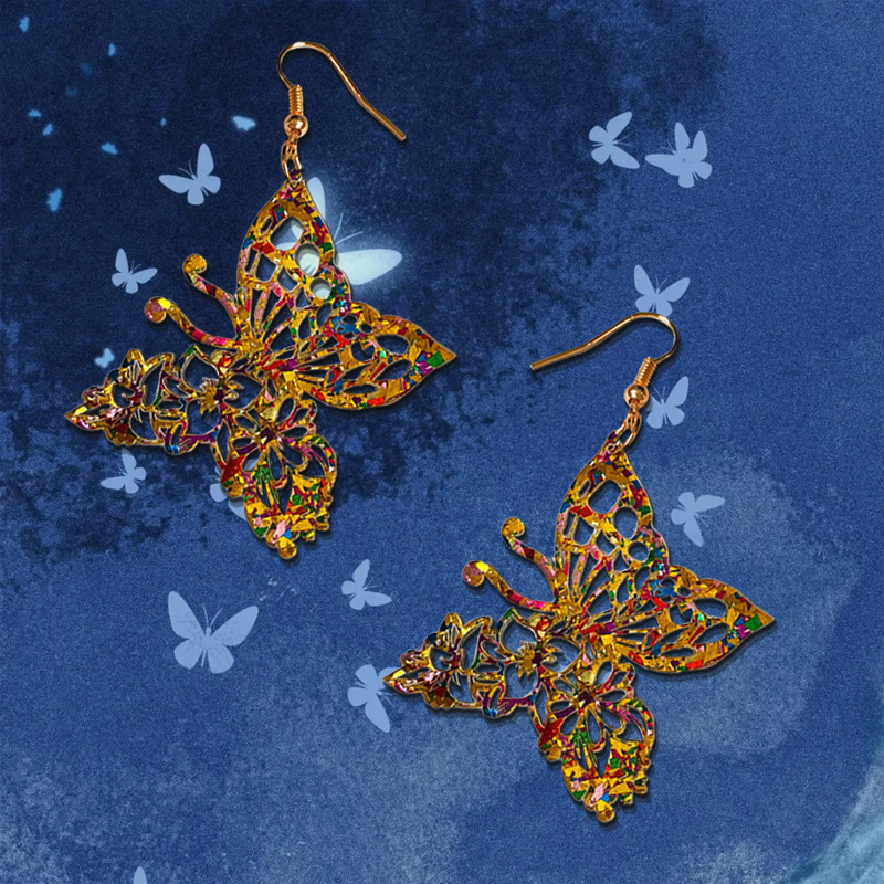 1 Pair Of Golden Yellow Butterfly Earrings With Hollow Design, Elegant High-End Colorful Decoration, Gift For Girlfriend