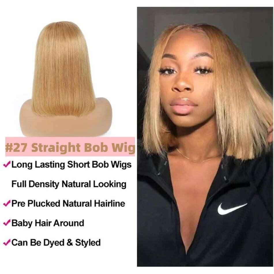 200% Double Drawn #27 Honey Blonde Colored Short Wigs For Women Human 13x4 Lace Front Bob Wig Brazilian Hair