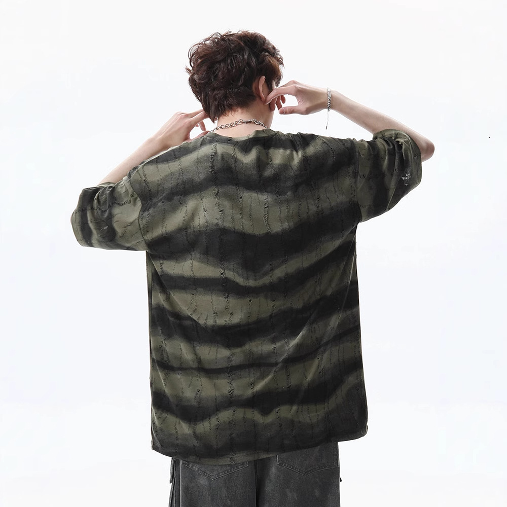 American Heavyweight Striped Short Sleeve T-shirt For Men 2025 New Summer Designer Short Sleeves Retro Trendy Brand Scratched Design Loose Half Sleeve