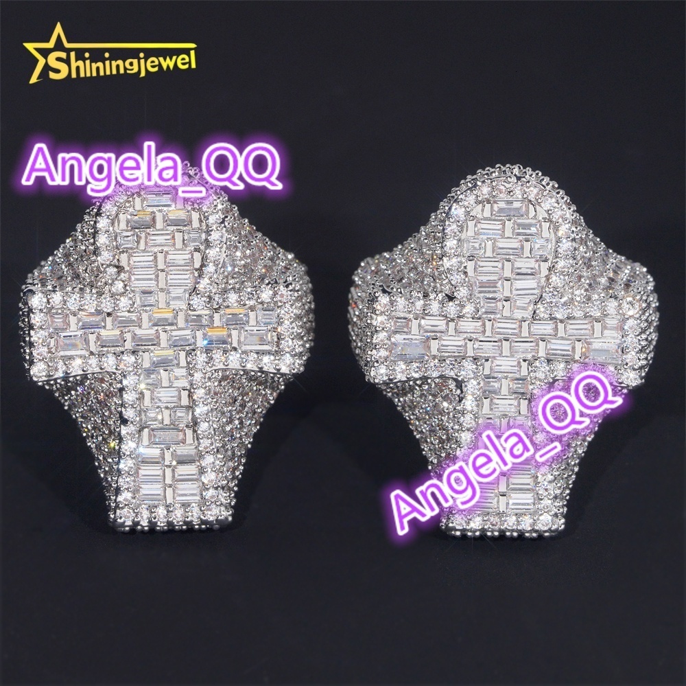 Fine Iced Out Baguette Hip Hop Jewelry Ring Custom 925 silver Moissanite Diamond Rhodium Plated Unisex Cross Ring for Men