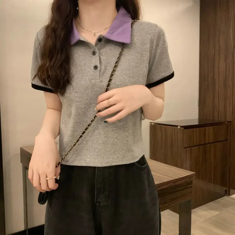 Slim Polo Neck T Shirt for Women Summer Outfit Woman Tshirt Womens Short Sleeve T-shirt Korean Clothing Polyester Trend 2025 In 250625
