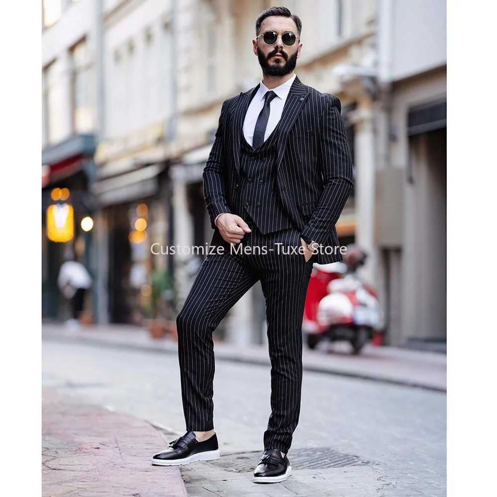 igh Quality Black Pinstripe Men Suits Single Breasted Peak Lapel Formal Wedding with Piece Jacket Pants Vest Slim Fit Blazer Set X250704