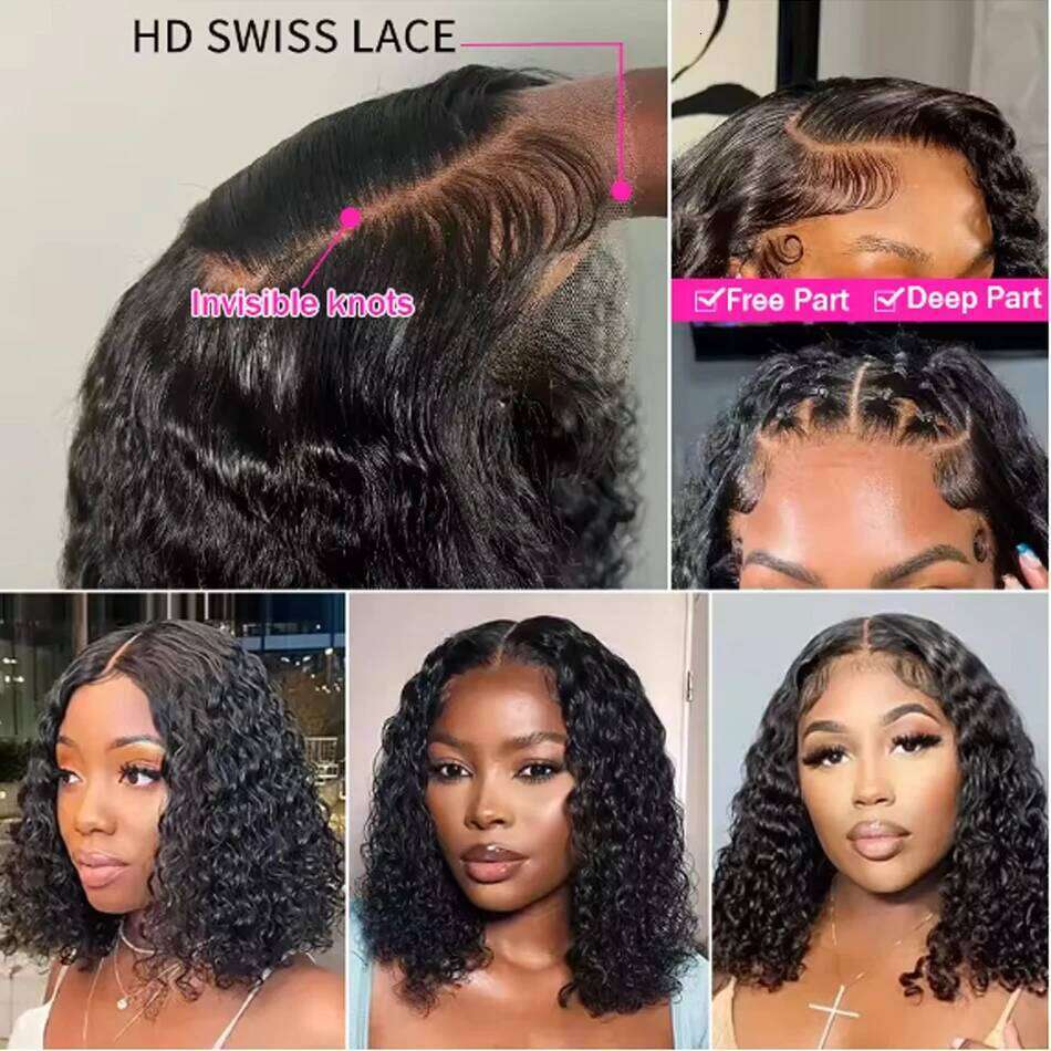 180Density 13x4 Lace Frontal Wave 100% Human Hair T Part Transparent Water Curly Bob Wigs For Black Women Brazilian