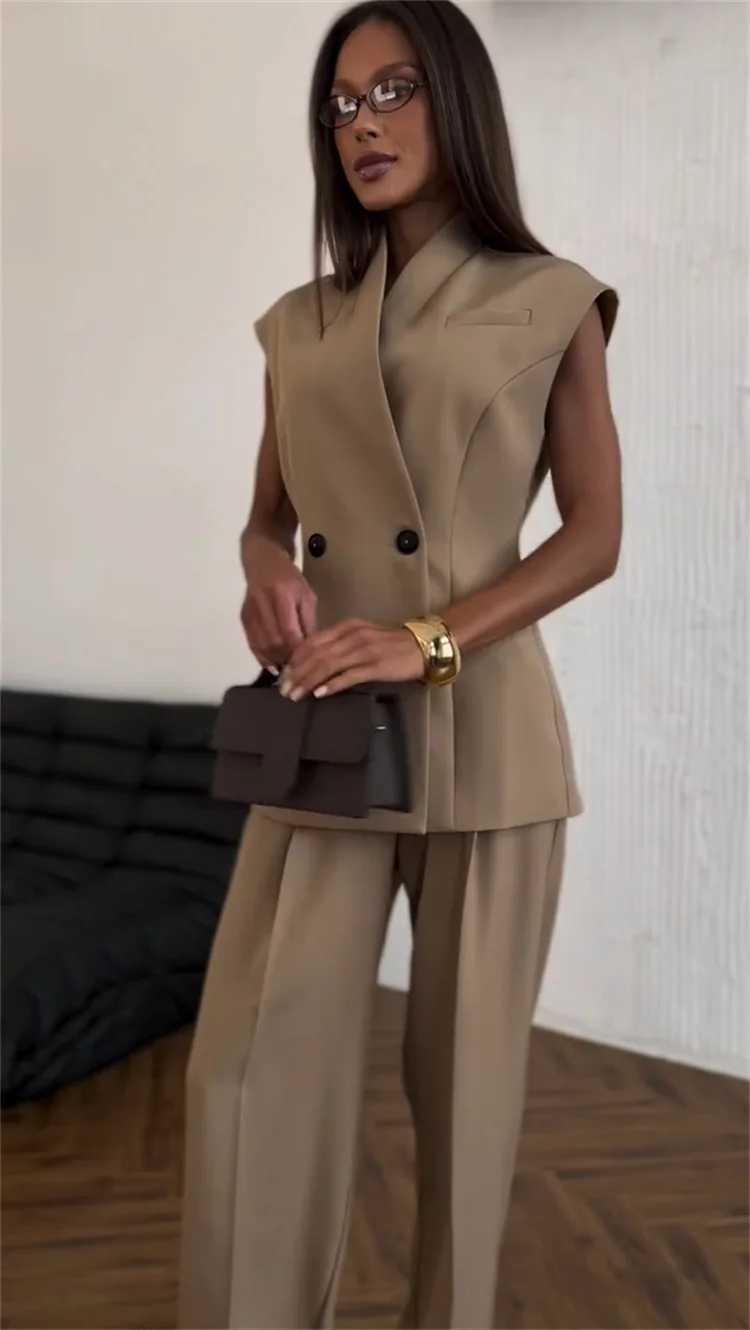 DriftWear 2025 Summer Double Breasted Waisted Vest Top High Waisted Pants Set 2pcs Set Slveless Vest Tops Wide Leg Pant Suits X250704