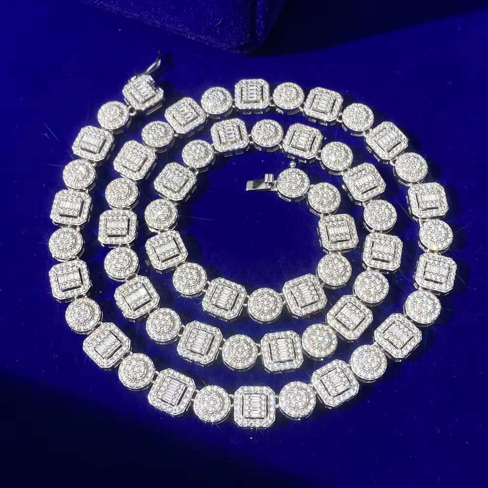 European and American Hip Hop Round Square Diamond Baguette Gold Plated Cz Zircon Cuban Link Chain S925 Silver Jewelry Necklace