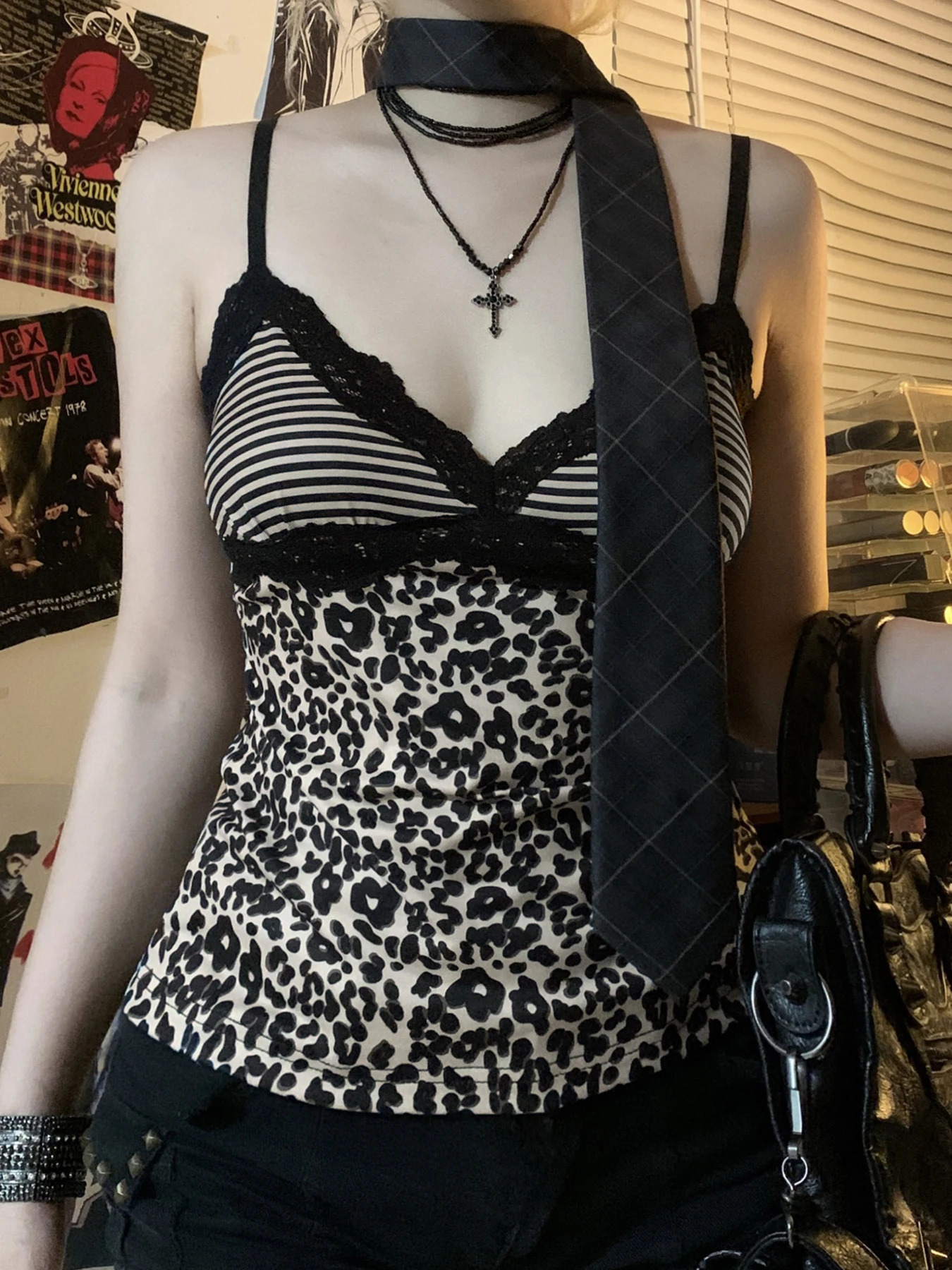 Rockmore Leopard Print Camisole Coquette Lace Frill V-neck Crop Top for Women Sexy Backless Y2K Vintage Stripe Patchwork Vest 250704