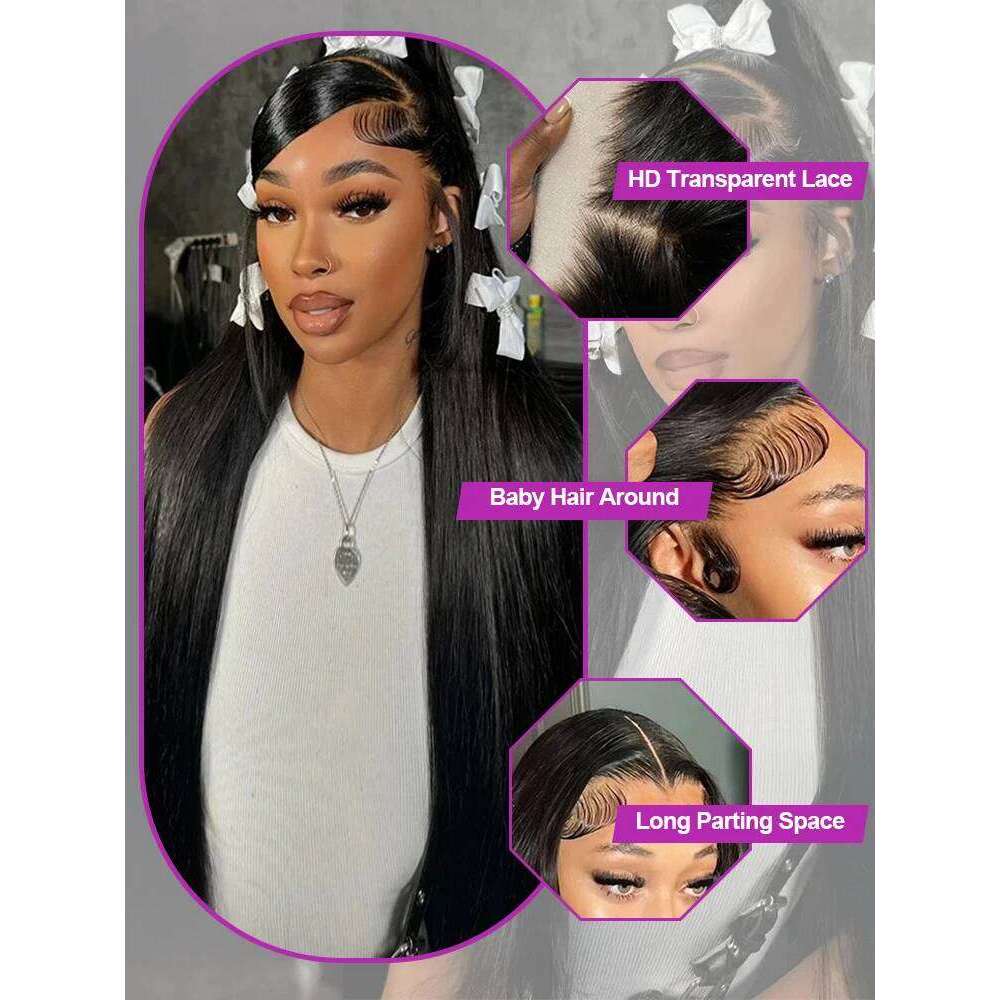 300% High Density Straight Wigs 13x6 13x4 HD Front 40 46 Inch 360 Full Lace Frontal Human Hair Wig For Women