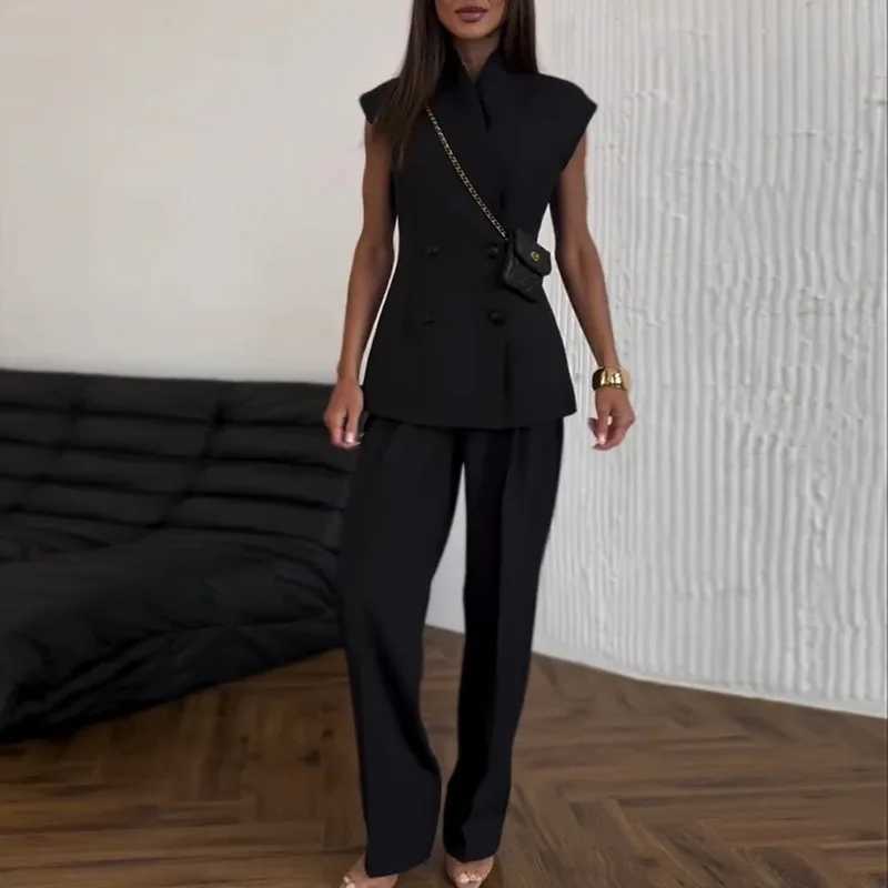 DriftWear 2025 Summer Double Breasted Waisted Vest Top High Waisted Pants Set 2pcs Set Slveless Vest Tops Wide Leg Pant Suits X250704