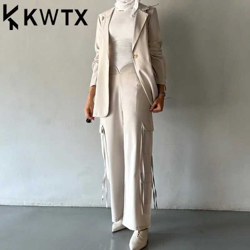 KWTX 2025 Spring Summer Womens Suit Set Multi Pocket Ribbon Blazer Pants Two Piece Office Chic Outfit Casual Elegant X250704