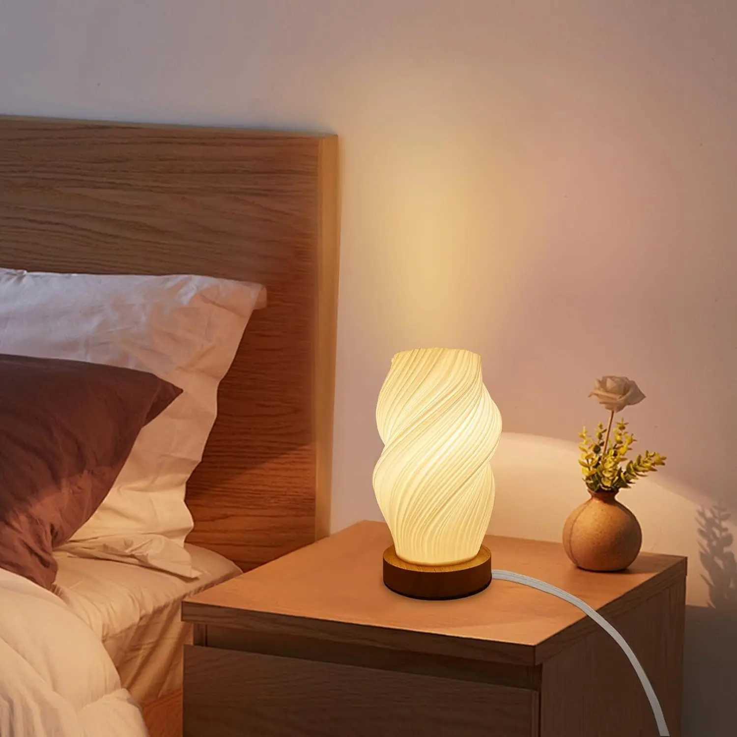 3-Level Dimmable LED Table Lamp with PLA Lampshade Bedside Lamps Small Night Light with Wooden Base for Home Room DecorXJ250703