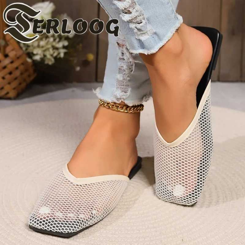 2025 Summer Flats Mules Women Slippers Mesh Sandals New Square Toe Slingback Shoes Fashion Beach Walking Flip Flops Women Slides W250704