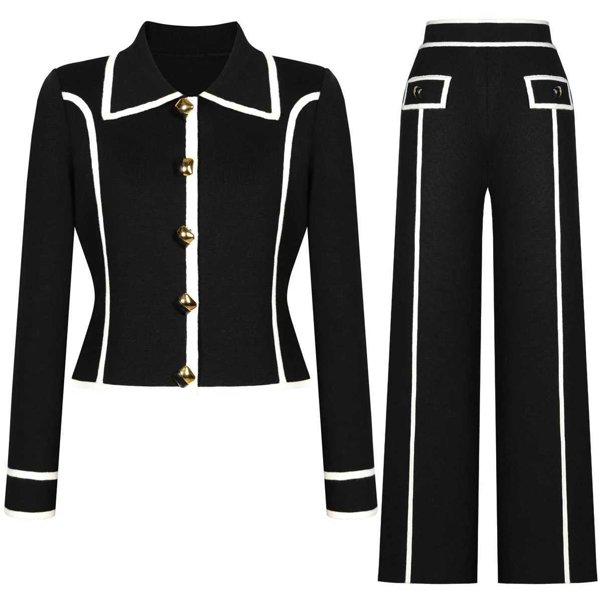 ZJYT Spring Knitted Suit Color Block Cardigan Sweater and Pants 2 Piece Matching Set Women 2025 Fashion Ladies White Outfit X250704