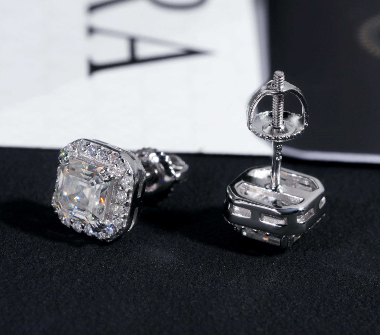 New Style Fine High Quality Asscher Cut Moissanite Stud Earrings 925 Silver Hip Hop Iced Out VVS Halo Moissanite Earrings