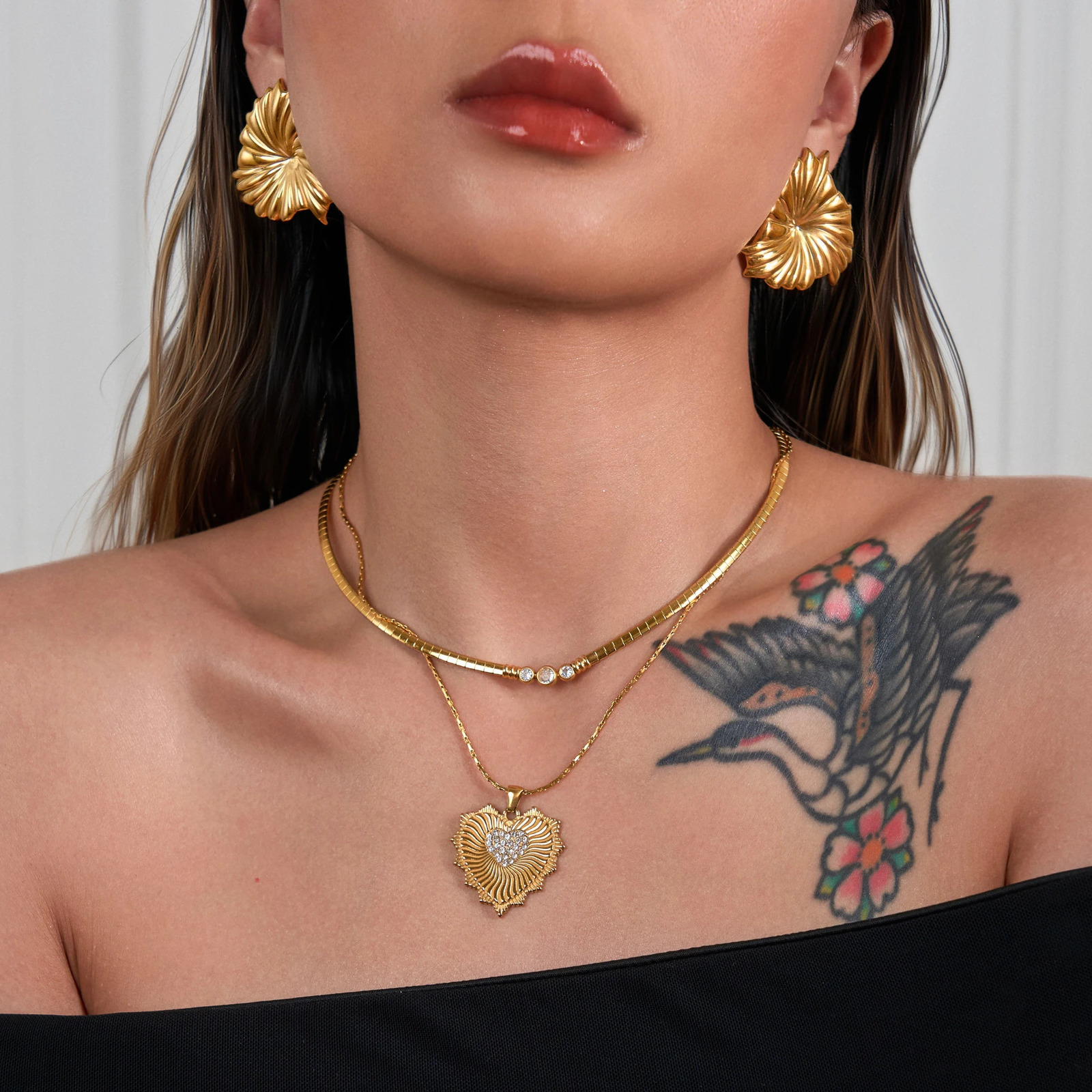 DASEIN Vintage Heart Shape Zircon Pendant Chunky Bamboo Necklace 18k Gold Plated Stainless Steel Lady Bikini Jewelry Gift 250701