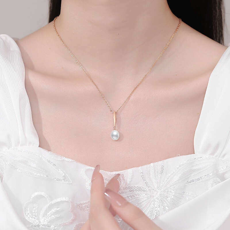 S925 Pure S925ier FreS925hwater Pearl Necklace Pendant Elegant VerS925atile Collarbone Chain Champagne Gold d68