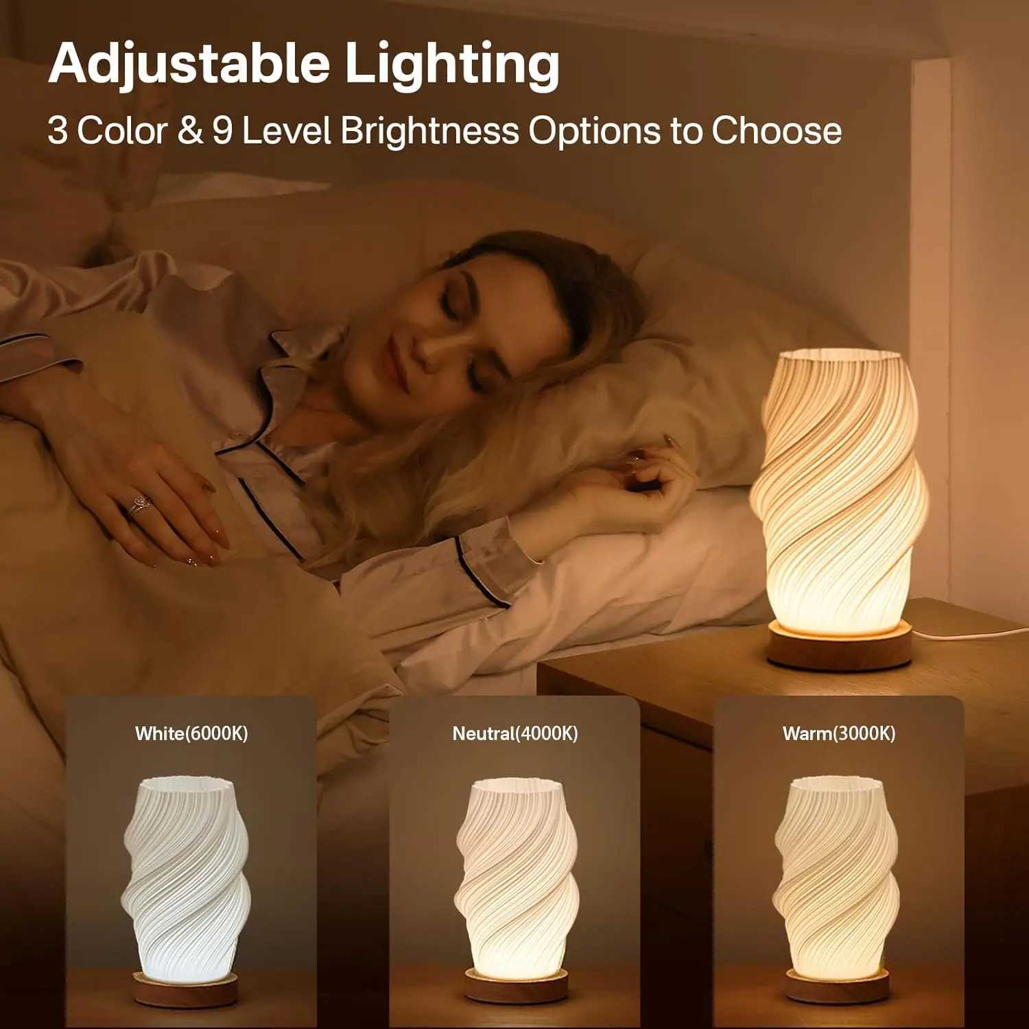 3-Level Dimmable LED Table Lamp with PLA Lampshade Bedside Lamps Small Night Light with Wooden Base for Home Room DecorXJ250703