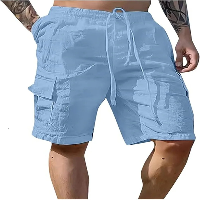 Mens loose outdoor breathable shorts made of cotton and linen with drawstrings and multiple pockets in workwear style. 250704