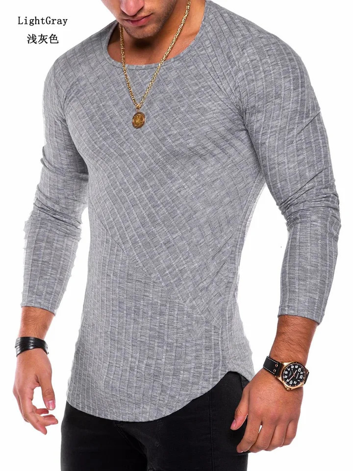 Mens Knitted Thin Base Sweater with Curved Hem Round Neck Tight Fit Elastic Long Sleeved T-shirt Thin Sweater 250704