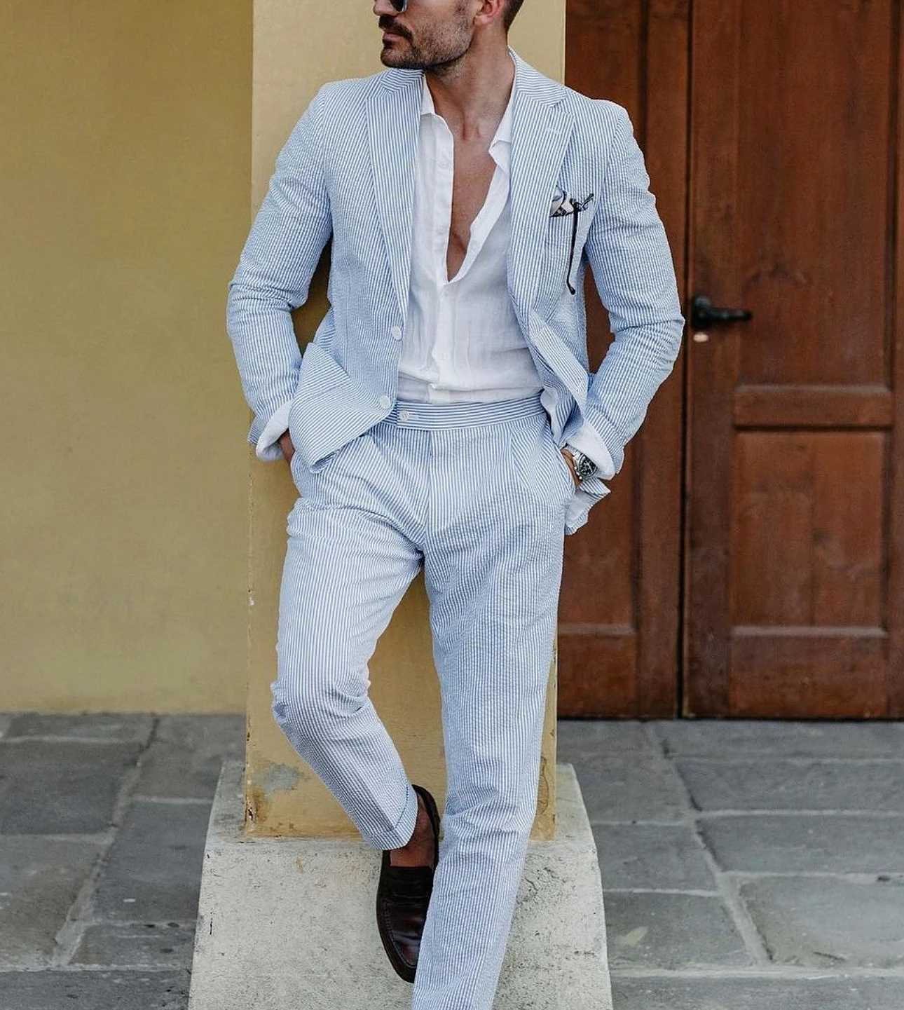 2-piece Mens Casual Suit Jacket Pants Summer Breathable Comfortable Casual Fashionable Mens Suit Solid Color Striped Sexy Suit X250704