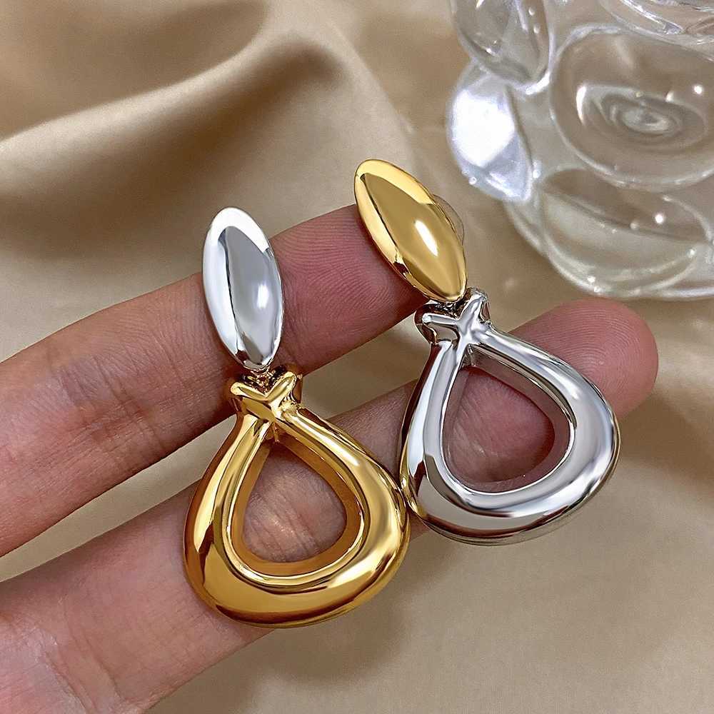 Greatera Fashion Two Tone Stainless Steel Water Drop Earrings for Women Gold Silver Color Hollow Dangle Earrings Party Jewelry Y250704