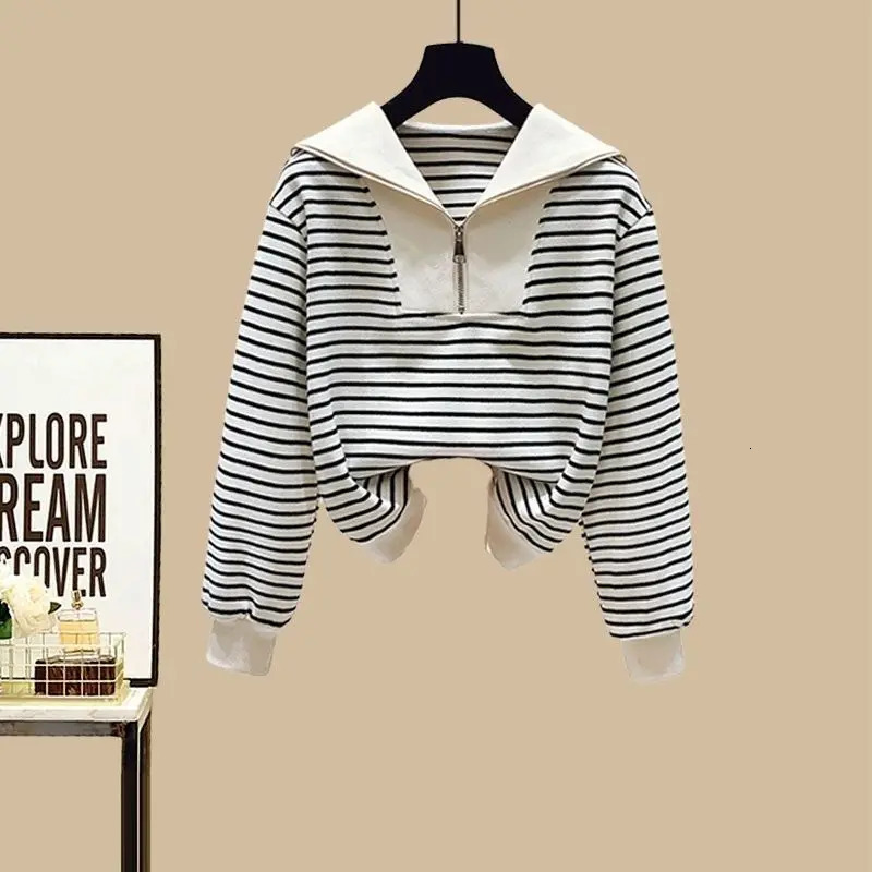 Sports Set SpringSummer Striped Navy Neck Zipper Top Womens High Waist Slim Casual Pants A Complete of Fashion 250704