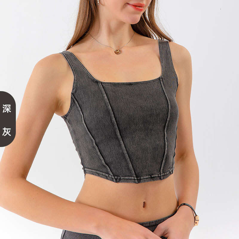 New European and American Style Denim Yoga Sports Vest for Women U-Shaped Elastic Slimming Beautiful Back Quick-Dry Outdoor Fitness Top