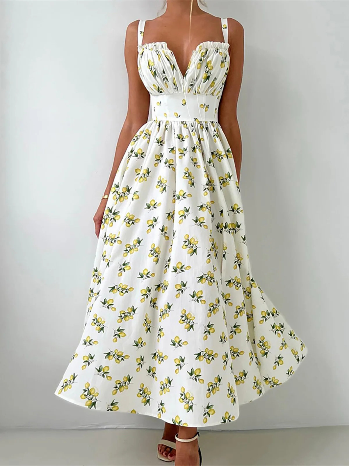 Lemon Printed V Neck Summer Dress Evening Party Bodycon Elegant Long For Women Tight Sleeveless Womens D555 250704