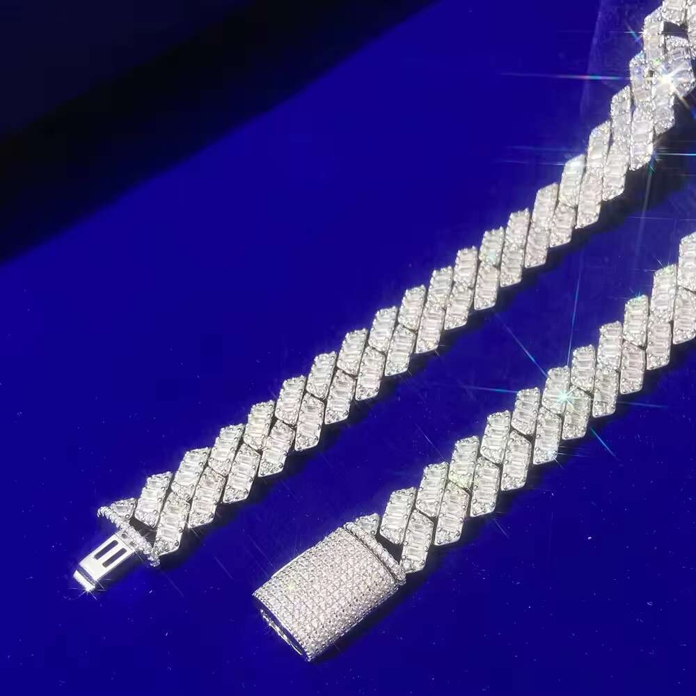 Hip Hop Chunky Bling Full Rhinestone Chain Baguette 12mm Moissanite Cz Diamond White Gold Cuban Link Chain