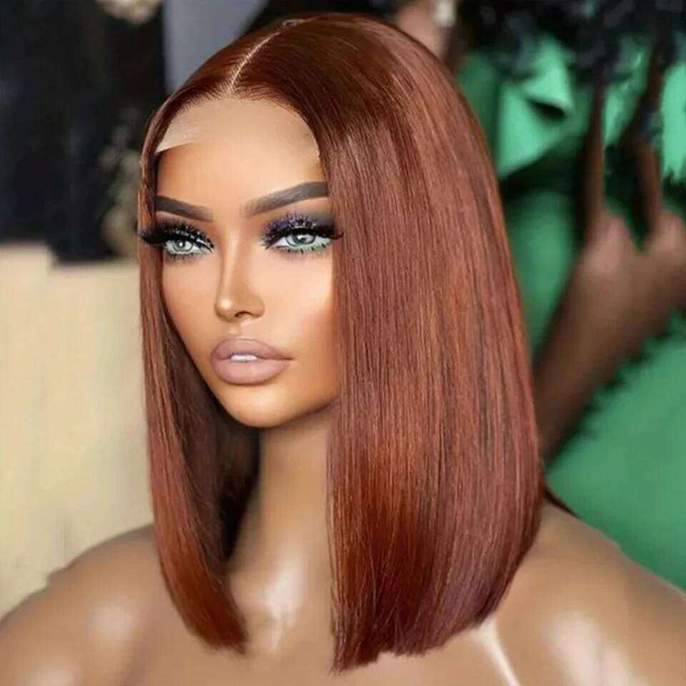 Rebecca Short Color Bob Peruvian Straight Front Human Hair Wigs For Women 33 Reddish Brown 13*6*1 T Lace Part Wig