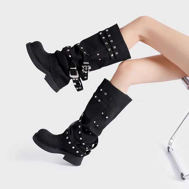 Women Boots Platform Trouser Legs High Boots Trend Punk Gothic Shoes New Rock Leather Fashion Womens Shoes Motorcycle Footwear Z250704