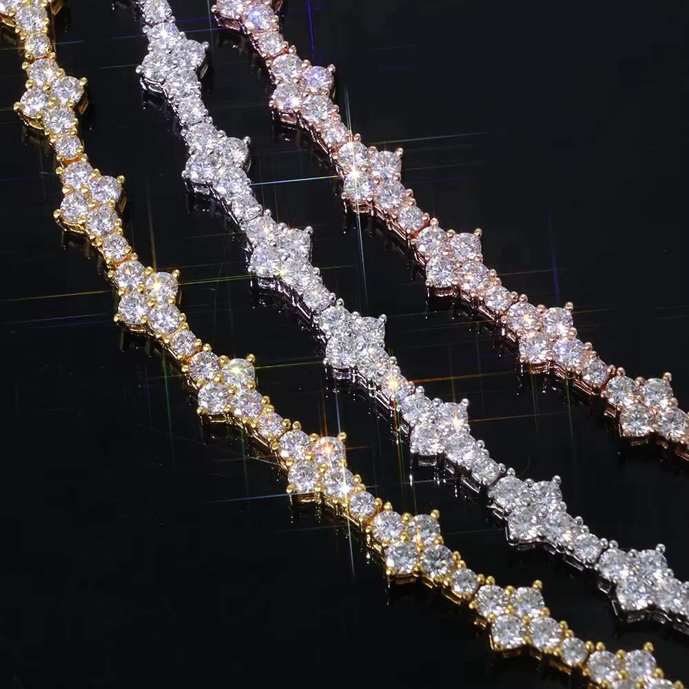 Hiphop Jewelry 925 Sterling Silver Moissanite Tennis Chain Womens Necklace Iced Out VVS Diamond Flower Shape Tennis Chain