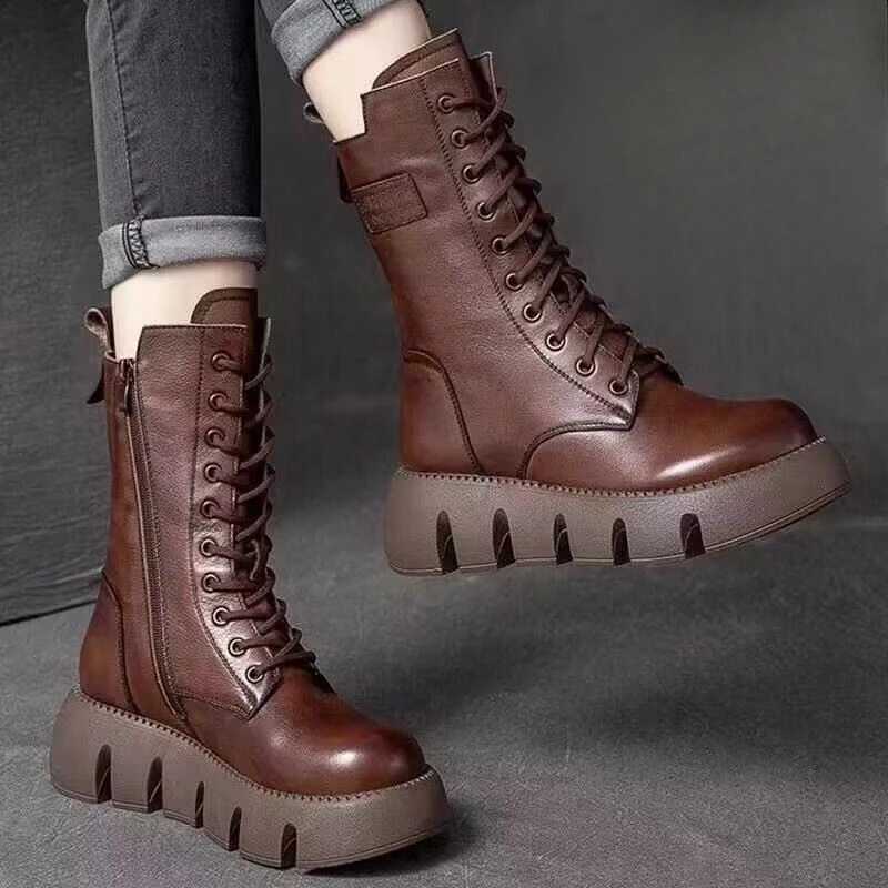 Winter Leather Women Boots Round Toe Mid-heel Ankle Boots for Women Lace Up Warm Snow Boots Lady Platform Bikerboots Women Z250704