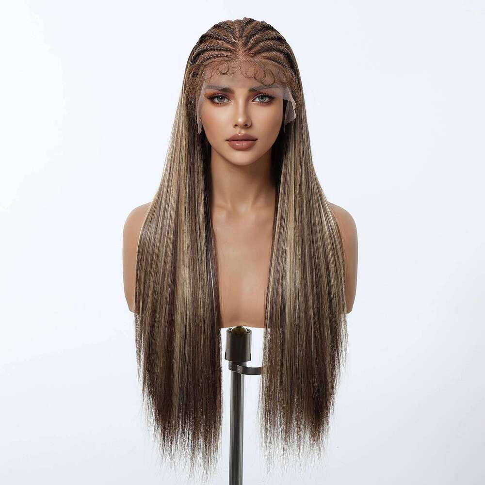 HENRY MARGU 13x6 Front Brown Highlight for Women Pre-Braided Lace Frontal Synthetic Wig Silky Straight Daily Braid Wigs