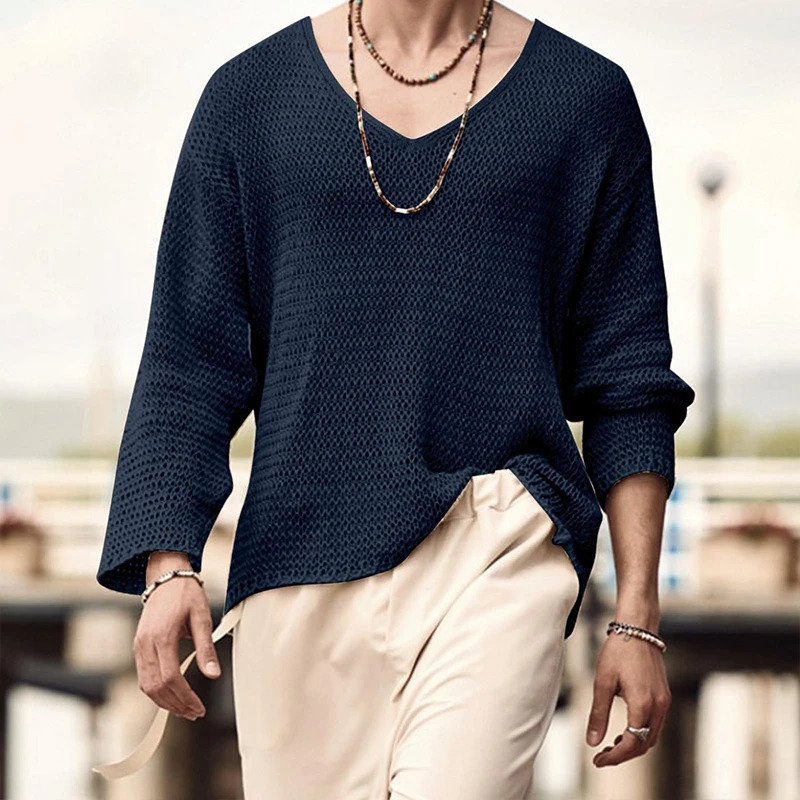 Autumn Mens Clothing Knit T Shirt Solid Color V Neck Long Sleeve Leisure Streetwear Hollow Out Loose Tees S-3XL 250704