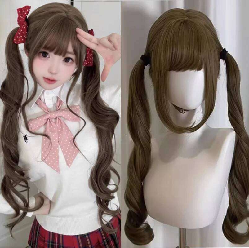 Brown Long Wavy for Women Natural Hair Synthetic Lolita Double Ponytail Roman Curly Wigs Daily Cosplay Heat Resistant