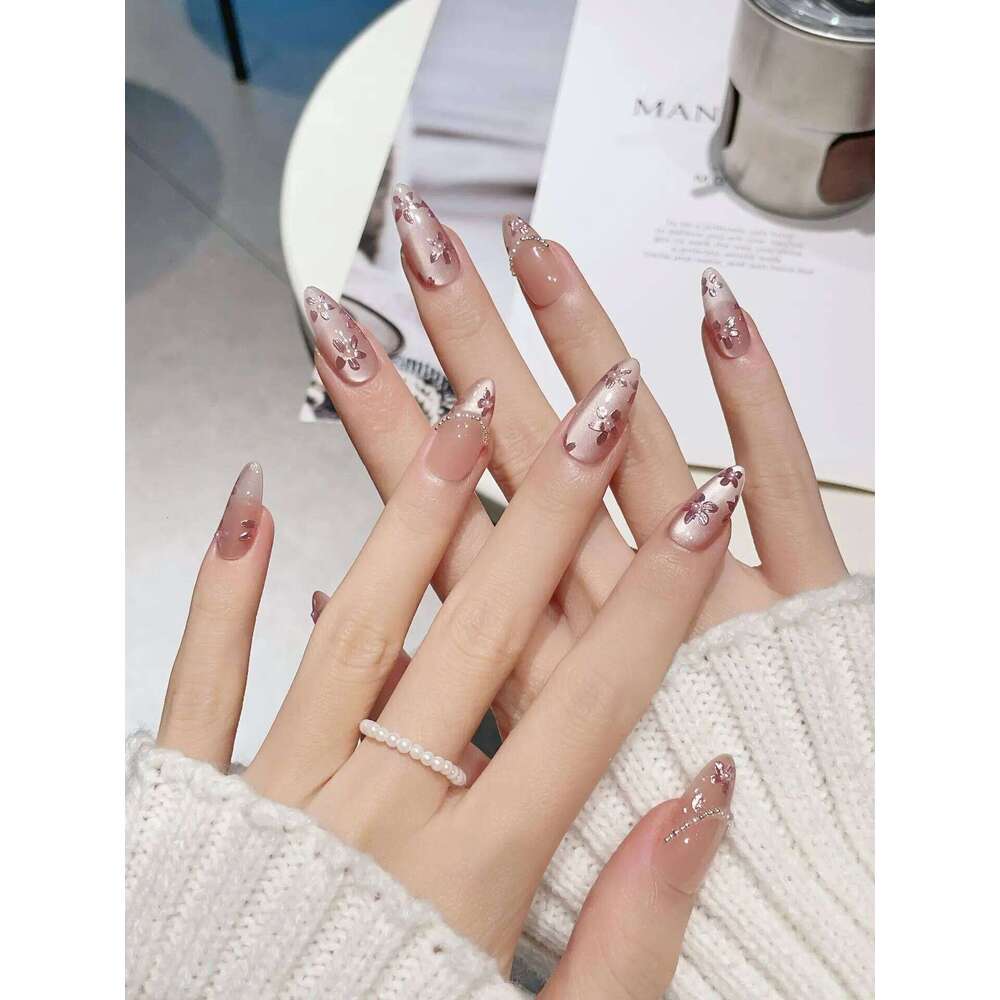 10Pcs Handmade Al Press On Flash Gradient Wear Pink Flower Design French False Nails Wearable Manicure Nail Tips X250704
