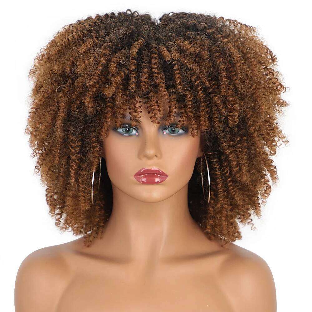 Synthetic Short Kinky Curly Wigs For Black Women Daily Party Use Brown Bouncy Wig Heat Resistant Hair 14 Inch